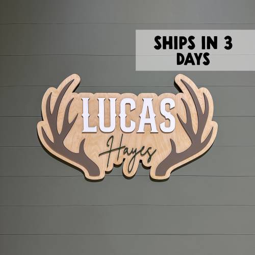 Deer Antler Wood Nursery Name Sign, 12-42 Inch, Baby Shower, Personalized Large Wall Plaque, Customize Baby Sign, 3D Name Sign Kids Rooms