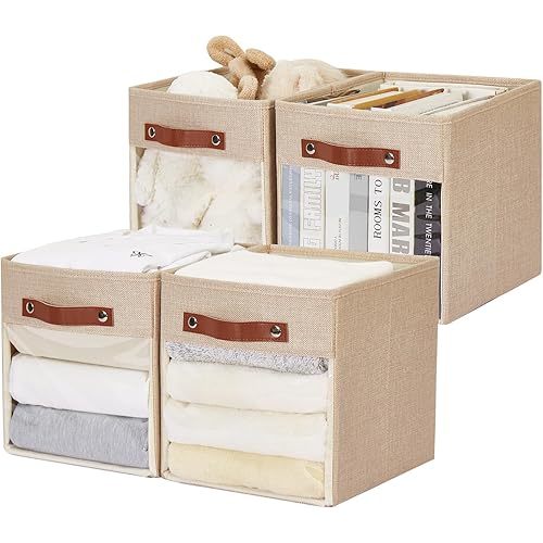 Storage Cube Organizer with Clear Window, Linen Collapsible Storage Boxes with PU Handles, Cube Storage Bins for Shelf, Closet, Cabinet, Bookcase (10.5x10.5x11, Khaki)
