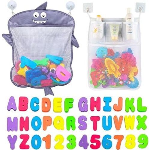 Comfylife Baby Bath Toy Organizer - Shark +36 Bath Letters & Numbers +Extra Bath Toy Storage Net & 10 Strong Hooks, Great Bath Net for Kids, Cute Bathtub Toy Organizer and Bath/Shower Caddy Solution