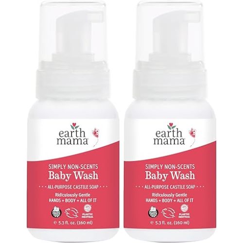Earth Mama Simply Non-Scents Baby Wash Foaming Hand Soap, Organic Fragrance Free Body Wash, Unscented Body Wash, Castile Soap with Coconut Oil, Shea Butter, Calendula, & Aloe, 5.3floz (2-PK)