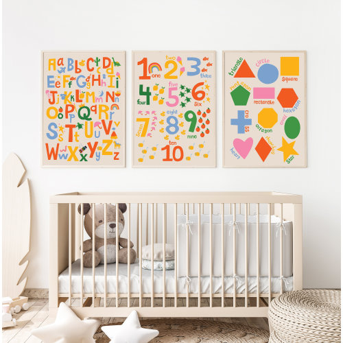 Set of 3 Educational Prints • Alphabet, Numbers and Shapes Nursery Prints • Kids Bedroom Decor • Nursery Wall Art • Primary Color Wall Art