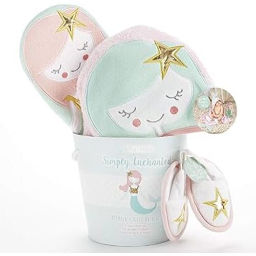 Baby Aspen Simply Enchanted Mermaid 4 Piece Bathtime Gift Set, Pink/Mint/Gold/White, 0-6 Months