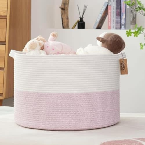 COMFY-HOMI New Extra Large Blanket Storage Basket 21''x21''x13.6''|Toy Organizers and Storage|Cotton Rope Woven Round Basket for Blanket|Baby Basket for Newborn-White/Pink