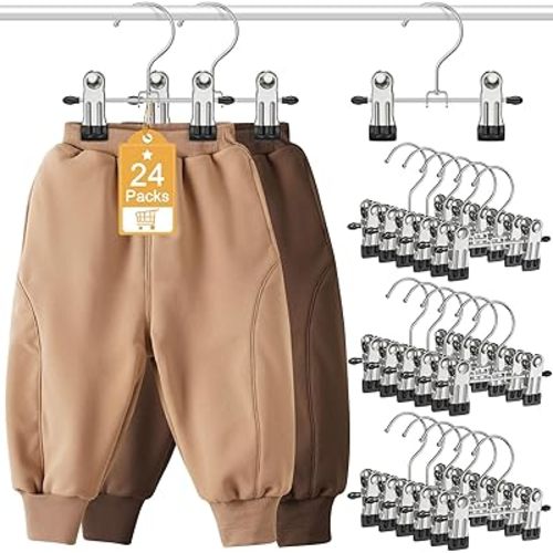 24 Pack Baby Hangers with Clips, 360°Rotatable Toddler Pant Hangers with Clips, Non-Slip Space Saving Kids Hanger for Newborn Children Clothes Skirts Boots Closet Organizers, Black