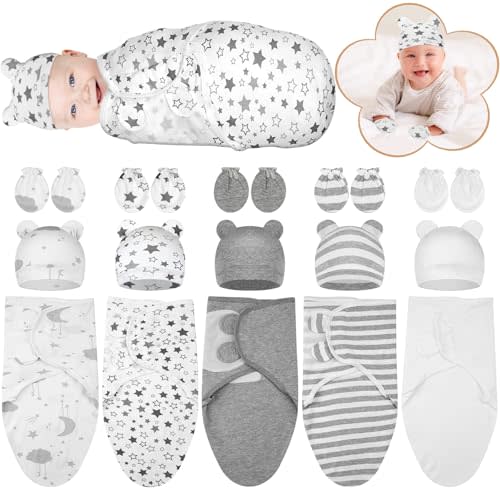 Autanch 5 Pack Preemie Swaddle Blanket Wrap with Hat and Baby Mittens Set Cotton Preemie Baby Clothes Hat Receiving Blanket for 3-7 Lbs Newborn Boys Girls (Classic Style)