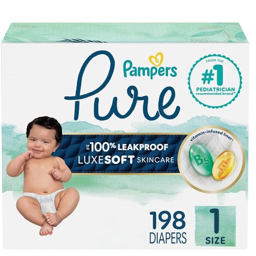 Pampers Pure Protection Diapers - Size 1, 198 Count, Hypoallergenic Unscented Disposable Baby Diapers