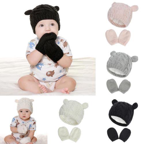Cheers.US 1 Set Baby Hat Glove Set Soft Newborn Mittens Baby Girl Boys Knitted Toddler Cap Infant Winter Beanie Mitten Set Unisex Casual Solid Color Knitted Hat Mittens