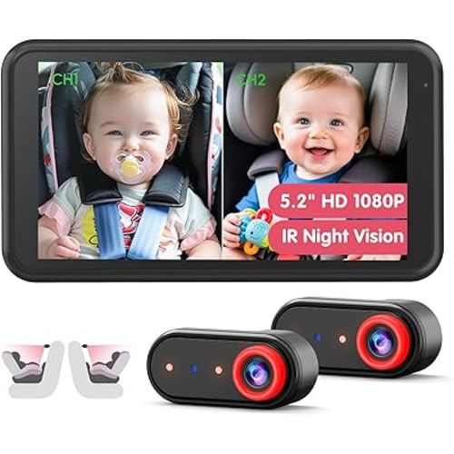 BM2 PRO Dual Baby Car Camera, 5.2" 1080P HD Display for Rear-Facing Car Seats, IR Night Vision, Anti-Shake Mount, Easy Install – Ideal for Parents with 2 Kids and Pets