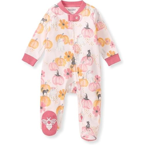 Burt's Bees Baby Organic Cotton Sleep and Play Footed Pajamas for Girls, Zipper PJ Newborn Sleeper with Non-Slip Bee Grips