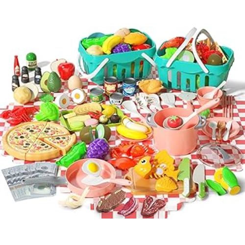150Pcs Kitchen Playset, Toddlers Pretend Cooking Cookware Accessories, Food, Picnic Blanket, Fruits, Veges, 2Pack Shopping Storage Basket, Dessert and Prop Money, Gift for Kids (Pink)
