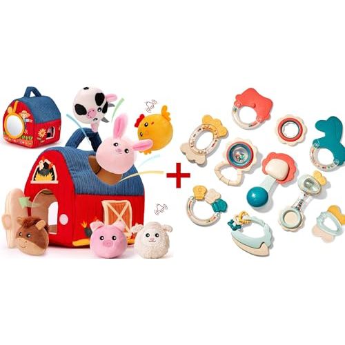 hahaland Baby Surprise Barn with Stuffed Farm Animals and Baby Rattles Teething Toys for Babies 6-12 Months