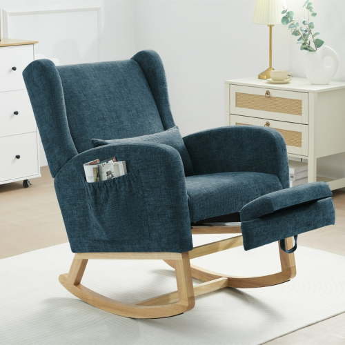JUSTLET Rocking Chair with Footrest Nursery, Modern Chenille Rocker Armchair with High Backrest and Pillow for Bedroom Baby Room, BLue