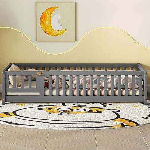 Twin Size Montessori Floor Bed Frame, with Removable Door Wood Kids Platform Bed for Girls, Boys, Child Bedroom, Entertainment Playroom No Box Spring Need Easy Assemble (Gray, Twin)