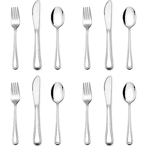 E-far 12-Piece Kids Silverware, Stainless Steel Toddler Kids Utensils Safe for Preschooler/Children, Includes 4 Forks 4 Spoons 4 Knife, Slimline Adult Look & Small Size, Rust Free & Dishwasher Safe