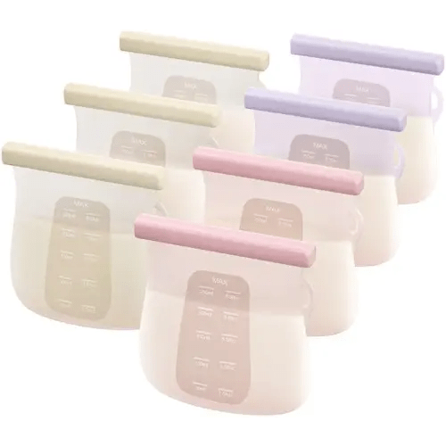 JellyRuru 7 PCS Reusable Breast Milk Storage Bags, 8.5oz 250ml Standard Silicone Breastmilk Freezer Storage Container, Leak-Proof & Self-Standing Milk Bags, Baby Food Bags