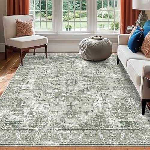 Vintage Area Rugs Living Room Boho Washable Sage Green 5x7 Neutral Modern Non Slip Carpet for Nursery Dining Room Bedroom Farmhouse