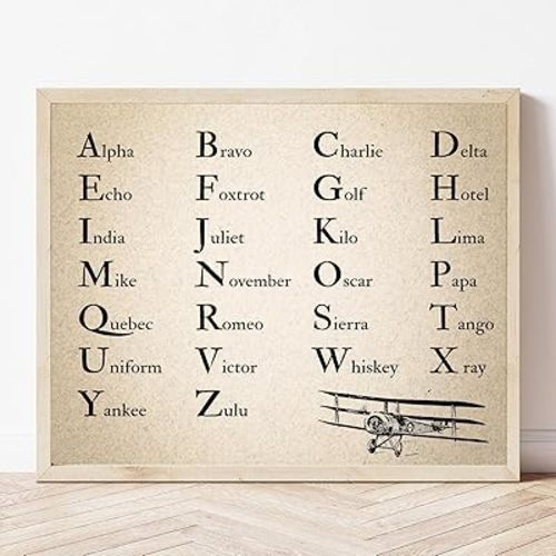 HAOSHIFA Vintage Phonetic Alphabet Canvas Wall Art Sign Aviation Airplane Abc Nursery Decor Boys Gallery Wrapped Canvas Ready to Hang Nato Military Alphabet(12X16)