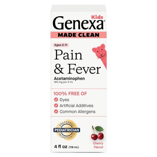 Genexa Children's Clean Acetaminophen | Pain & Fever Reducer for Kids | Kids Medicine, Dye Free Acetaminophen, 0% Artificial Additives | Ages 2-11, Delicious Organic Cherry Liquid, 4 fl oz