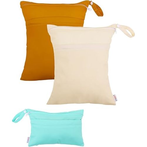 ALVABABY 3 Cloth Diaper Wet Dry Bags Waterproof Reusable with Two Zippered Pockets Travel Beach Pool Daycare Soiled Baby Items Yoga Gym Bag for Swimsuits or Wet Clothes Small medium Large 3L-SML03