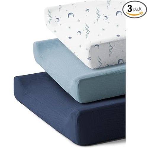 3 Pack Muslin Changing Pad Covers for Boys and Girls | 100% Soft Cotton Changing Table Cover, Breathable Baby Nursery Diaper Changing Pad Sheets