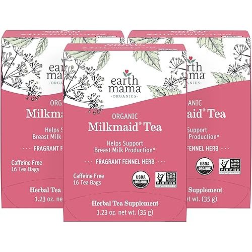 Earth Mama Milkmaid Lactation Tea | 100% Organic, Herbal Breastfeeding Tea Supports Breastfeeding + Breast Milk Supply Production, 16 Teabags Per Box (3-Pack)