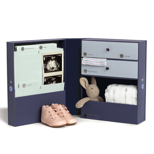 The Vault Baby Keepsake Box | Mother's Day | Newborn + First birthday | Linen memory Box with labels for customizing + files and drawers