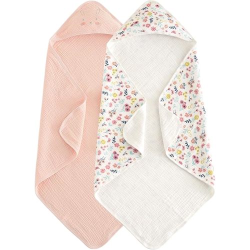 david's kids 2 Pack Hooded Baby Towels, Large 32"x32", 6 Layer 100% Muslin Cotton Highly Absorbent Girl Bath Towel for Infant Toddler and Kids, Soft and Breathable Baby Essentials, Floral & Butterfly