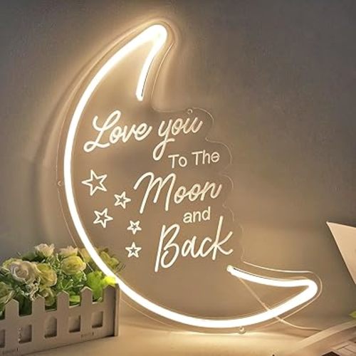 Britrio LED Moon Neon Light Sign, 15.75”x9.45” Warm White To the Moon And Back Neon Wall 3D Art for Party Girls Kid’s Bedroom Living Room,Home Decor Night Light 5V USB Powered with Dimmer Switch
