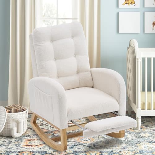 cinkehome Nursery Rocking Chair with Retractable Foot Rest, Teddy Glider Rocking Chair, Mid Century Rocker Chair, High Back, Solid Wood Legs