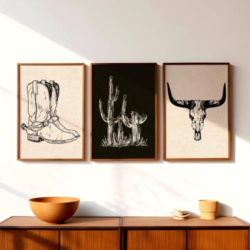 Set of 3 Cowboy Western Wall Prints Black and White Southwest Decor Minimalist Gallery Wall Art | Southwest Landscape Matte Physical Prints
