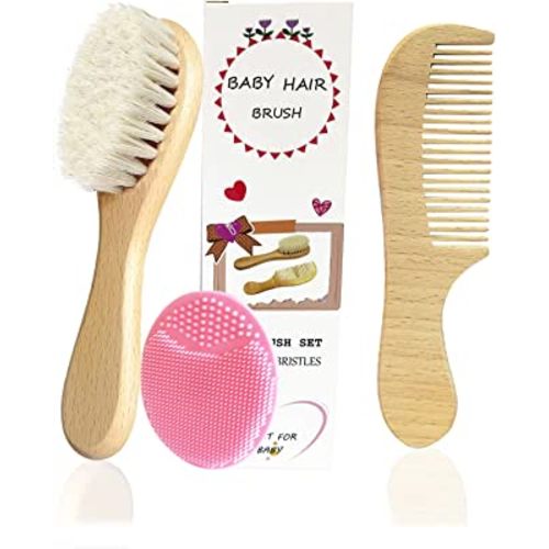 3PCS Molylove Baby Hair Brush with Wooden Handle and Comb Set for Newborns & Toddlers | Natural Soft Goat Bristles l Wood comb l Pink Silicone Brush| Ideal for Cradle Cap