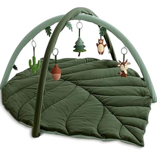 Baby Play Gym with Mat Leaf Shaped, Baby Play Mat with 6 Hanging Toys Tummy Time Mat, Baby Gym Activity Center, Washable (Green)