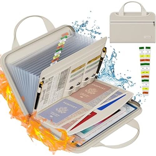 Tamfile Fireproof Accordion File Organizer with Handle, 13 Pocket Expanding File Folder with Zipper & Labels, File Folder with Multi-Pockets Paper Organizer Folder for Letter A4 Files, Beige