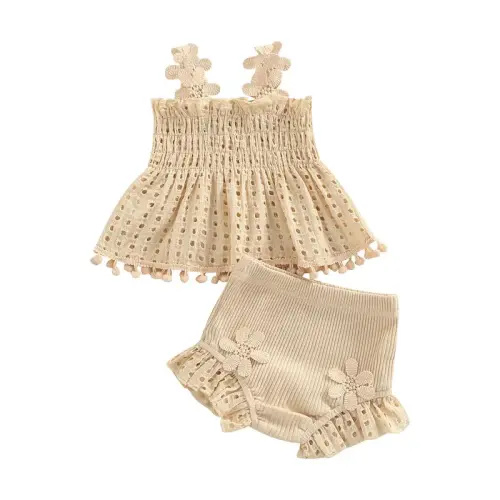 Newborn Baby Girls Summer Outfit Solid Color Flower Strap Hollow | Holiday Sales TikTok Shop