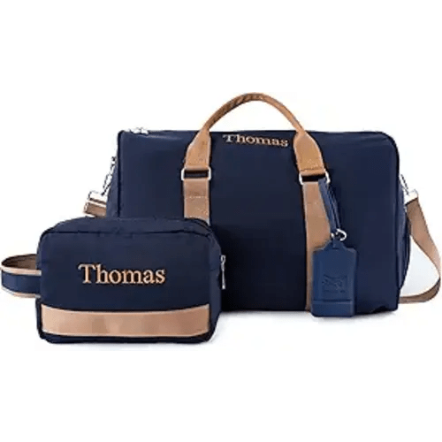 Travel Duffle Bag Set for Men Boys Personalized Weekender Overnight Bag with Embroidered Name - Custom Canvas Duffle Bag with Toiletry Bag and Shoe Compartment for Travel Trip Workout (Blue)