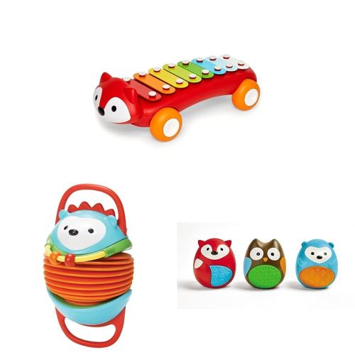 Skip Hop Explore & More Musical Toy Holiday Gift Bundle for Baby, Fox Xylophone, Hedgehog Accordion, and Egg Shaker Trio