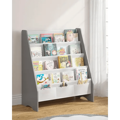SEIRIONE Sturdy Kids Bookshelf, Book Shelf for Kids Room with Tear-Proof Oxford Sling, Eco-Safe Toddler Bookshelf, Childrens Bookshelf with Ideal Height for Quick Book Access, Grey/Wood Texture