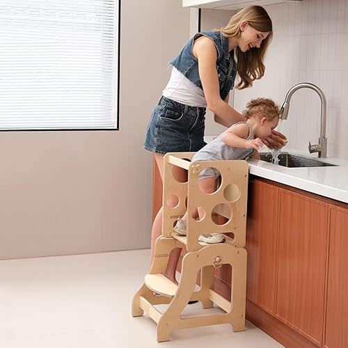 Toddler Tower, Kitchen Step Stool for Children with Montessori Weaning Table and Chalkboard-Premium Birchwood, Adjustable Platform (Natural)