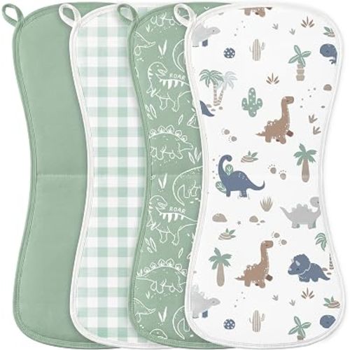 Burp Cloths Baby Boy, Large 21'' X 10'' Cotton Burping Cloths for Babies, Ultra Soft and Absorbent Burp Rags, 4 Pack Set Washcloths Newborn Spit Up Rags Green Dinosaur