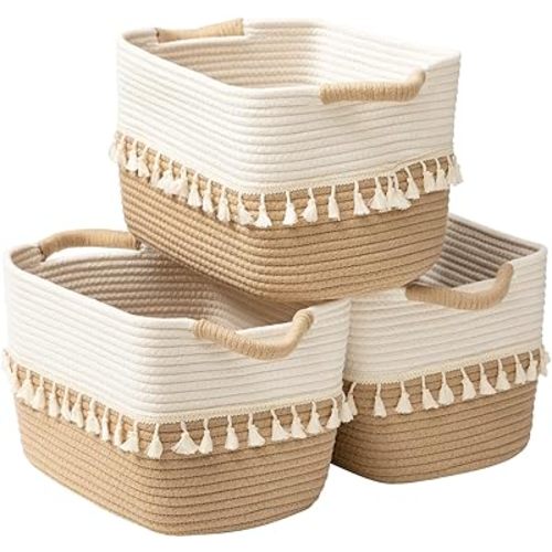 TeoKJ Woven Storage Bin Set of 3, Cotton Rope Basket for Storage, Clothes Boho Storage Basket Bin for Organizing and Storage, Fabric Storage Basket for Books, Plants, Pet Treats, White & Jute
