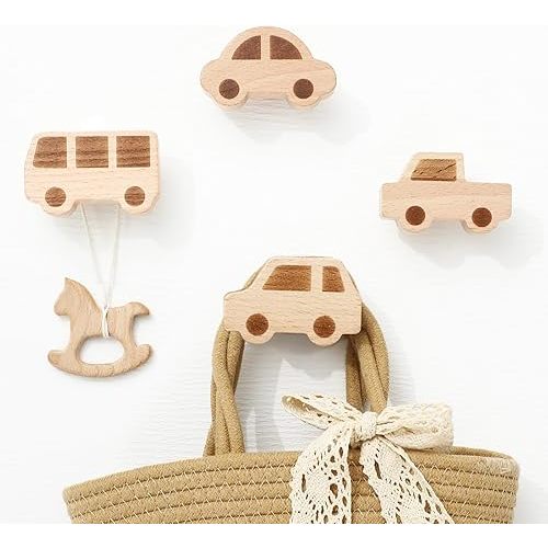 Kids Coat Hooks Car Shaped Beech Wood Wall Hook Boho Style Wooden Hanging Hooks for Nursery Baby Child Room Bedroom Decor, Set of 4 Visit The Store