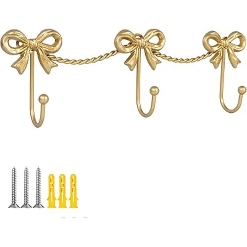 Triple Bow Hooks Decorative, Wall Mount Coat Hook, Gold Wall Hooks for Hanging for Hats, Bags, Coats, Bathroom, Kitchen, Office