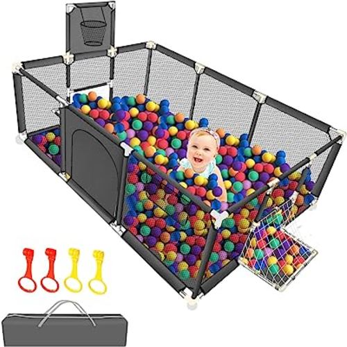 Large Playpen for Babies and Toddlers - Baby Ball Pit Sturdy Play Pen/Yard W/Basketball Hoop, Children's Fence Play Area, Indoor Outdoor Kids Activity Center, Infant Safety Gates (No Ocean Balls)