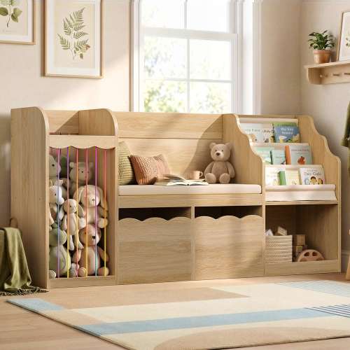 HAUOMS 63 Inch Bookshelf with Storage 5-in-1 Bookcase with Padded Bench and 2 Removable Bins Reading Nook Toy Storage Organizer Open Cubby for Living Room