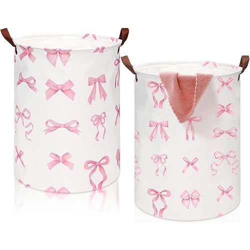 2 Pcs Coquette Pink Bow Laundry Basket Coquette Storage Basket for Girls Nursery Hamper with Handles Foldable Waterproof Collapsible Storage Bin Organizer for College Dorms Bathroom (Bows)