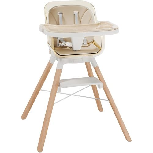 Convertible Baby High Chair, Wooden 360° Swivel High Chairs with Reversible Footrest & Removable 2-Tier Tray for Babies and Toddlers, Baby Infant Highchair with 5-Point Safety Belt, Champagne