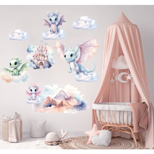 Dragon wall decal, Nursery wall decal, Watercolor animals wall sticker, Fairy wall decal