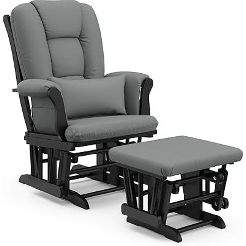Storkcraft Tuscany Custom Glider and Ottoman with Free Lumbar Pillow (Black/Grey) - Cleanable Upholstered Comfort Rocking Nursery Chair with Ottoman