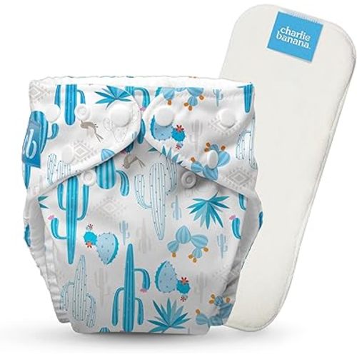Charlie Banana Cloth Diapers, Reusable, Washable, Adjustable One Size Diaper, for Babies and Toddlers, with Absorbent Insert - Cactus Azul, 1 Pack