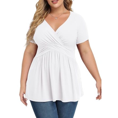 TIANZHU Women's Plus Size Dressy Tops Wrap Shirt Short Sleeve Tunic Top V Neck Low Cut Cute Blouse